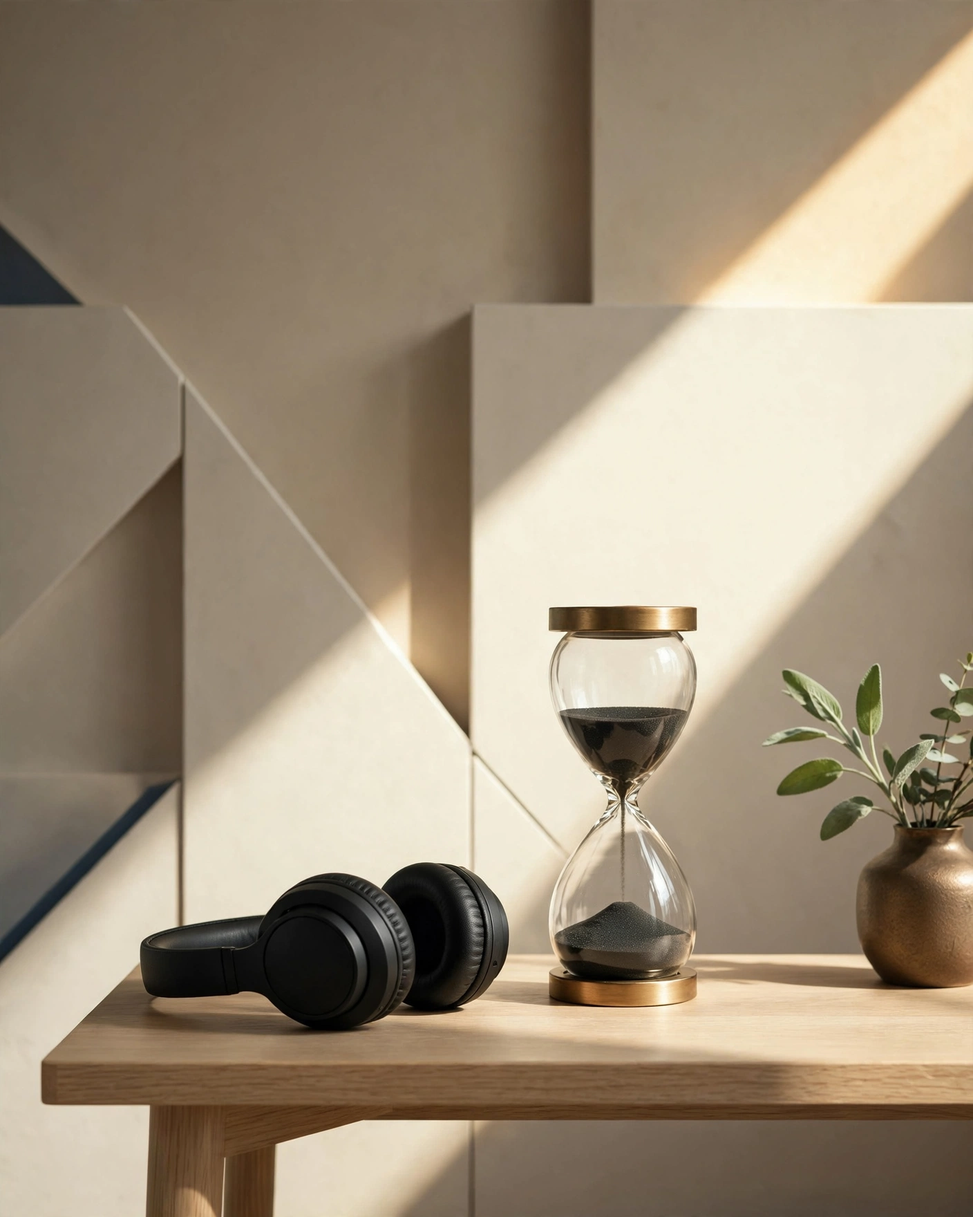 Auriculares de diadema y reloj de arena sobre mesa de diseño escandinavo