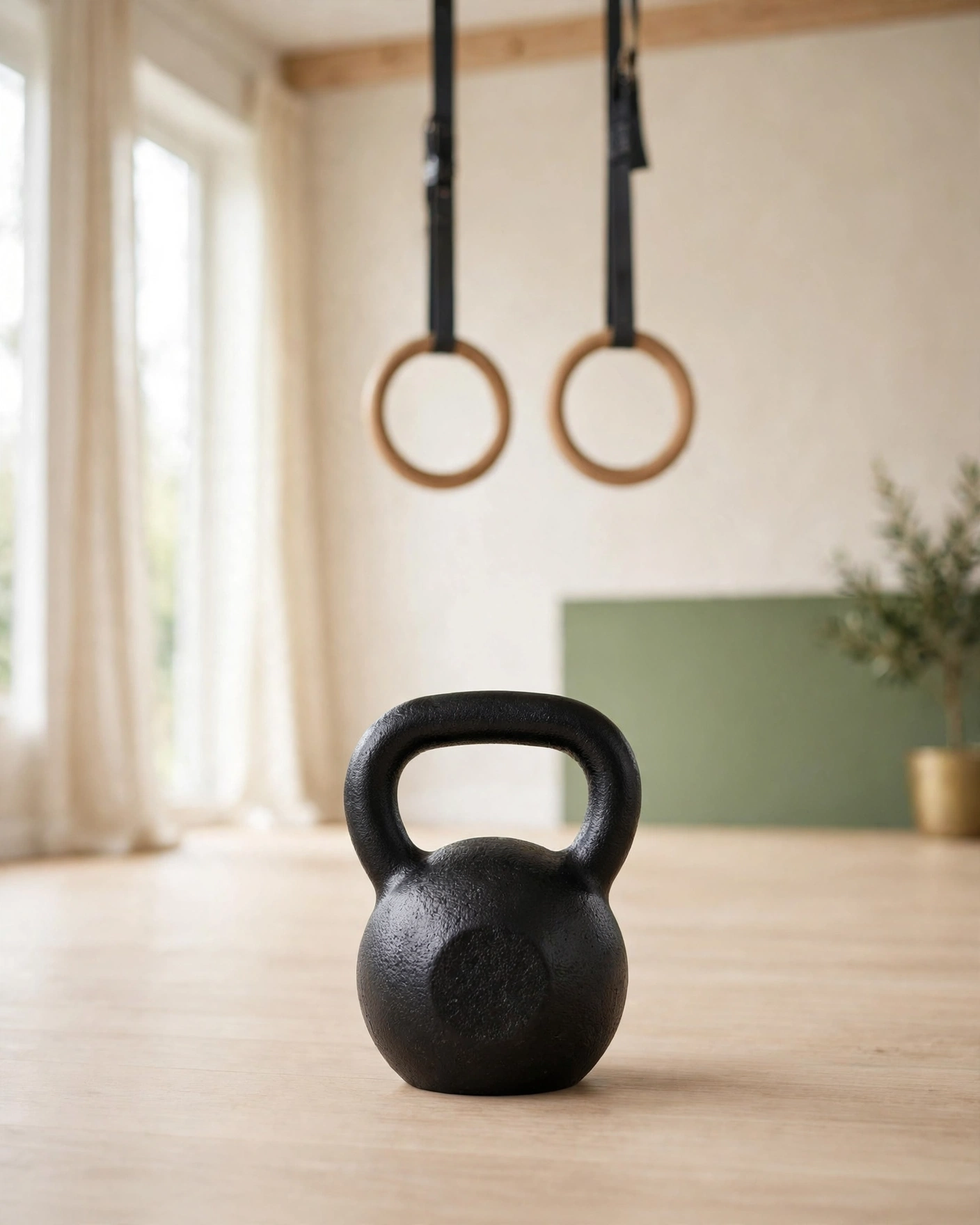 Kettlebell de hierro fundido sobre suelo de madera clara en espacio diáfano