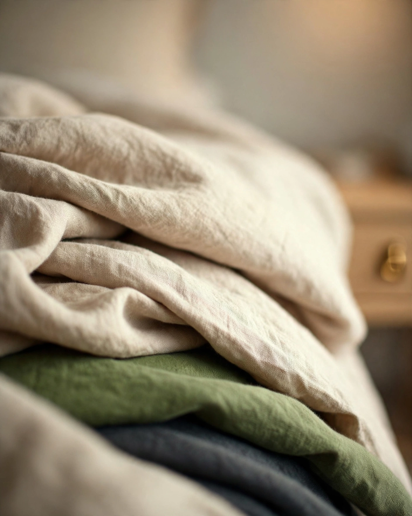 Ropa de cama de lino en tonos arena y verde salvia sobre mesita de noche con detalle de bronce