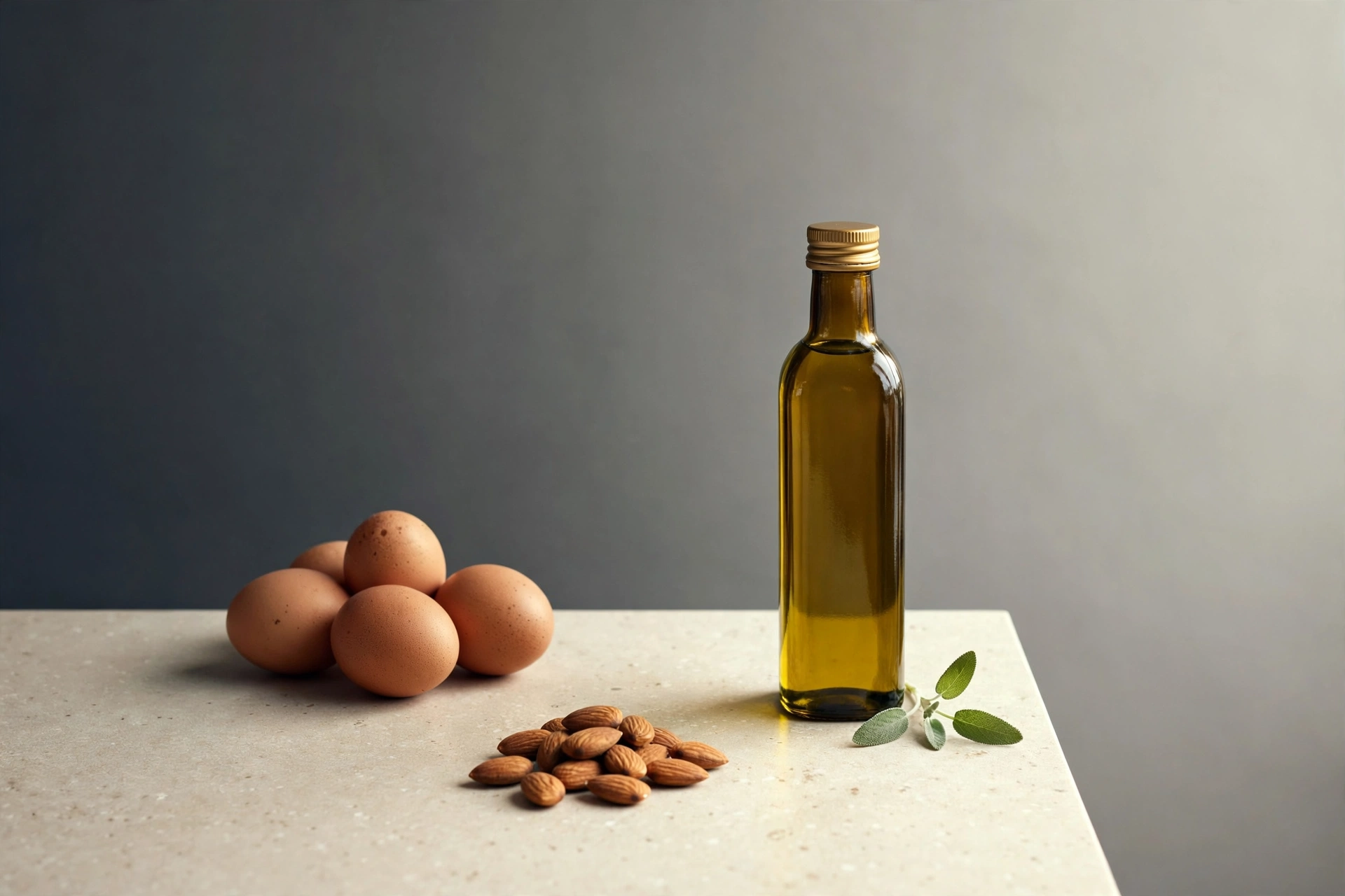 Huevos, almendras y una botella de aceite de oliva sobre una encimera