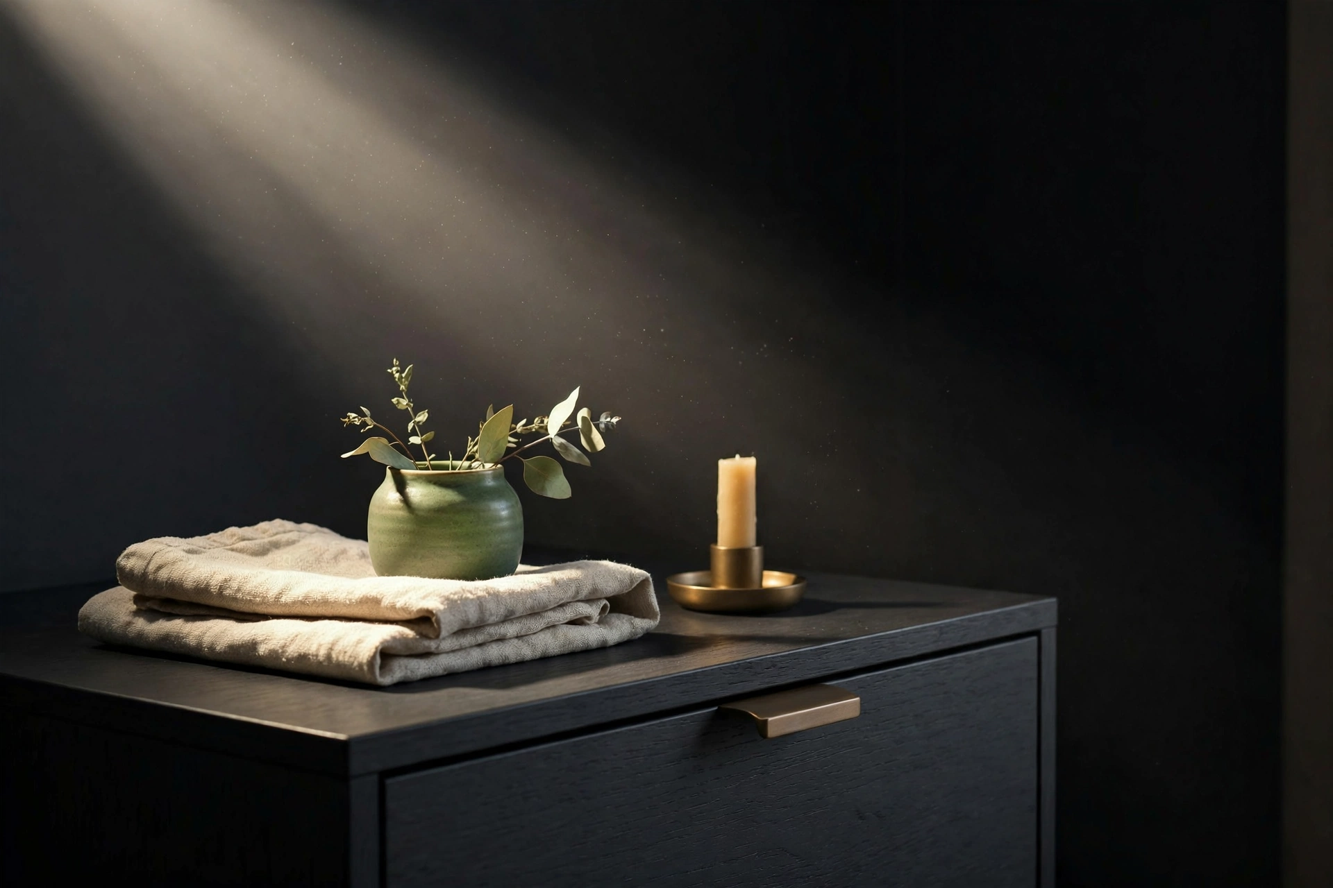 Jarrón verde con ramas, vela de bronce y toalla de lino sobre mueble oscuro